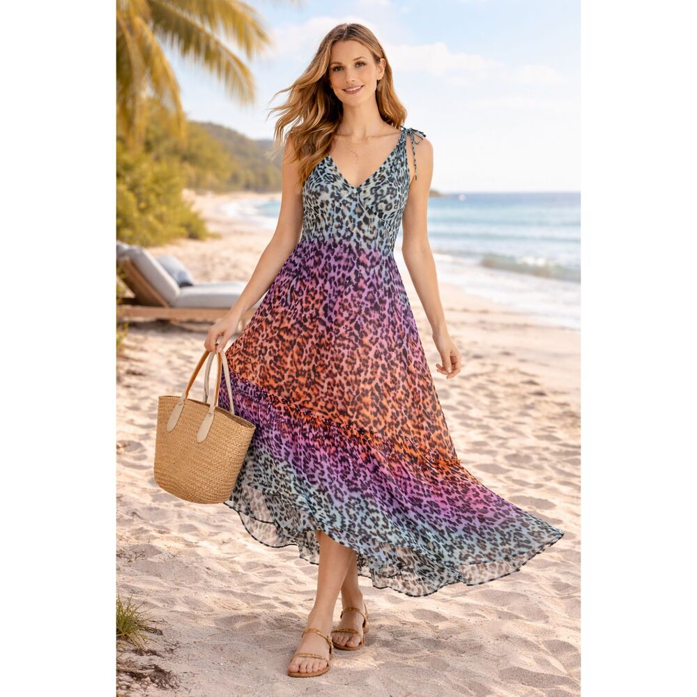 Juliet Dunn Leopard Print Maxi Dress One Size Multicolor Boho Resort Coverup - Picture 2 of 12